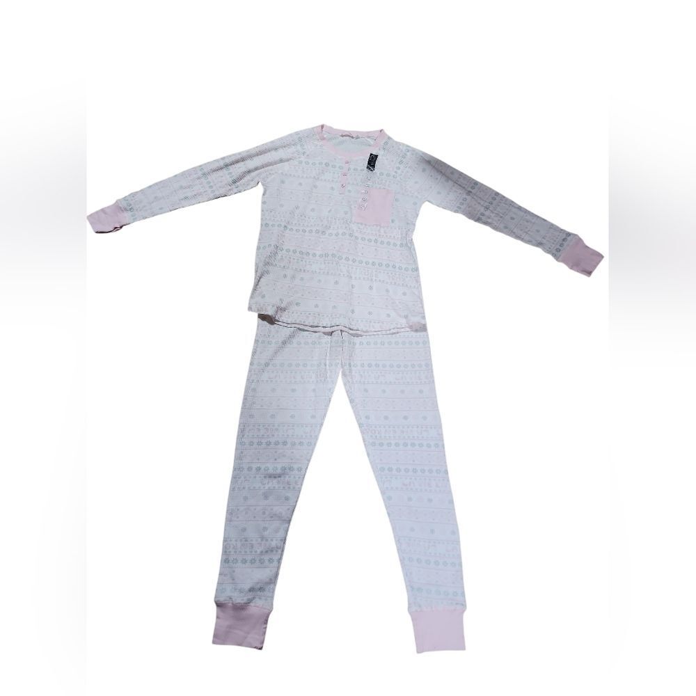 La Vie en Rose Women's M Thermal Pajamas 2PC Pink Waffle Knit Snowflake Fair